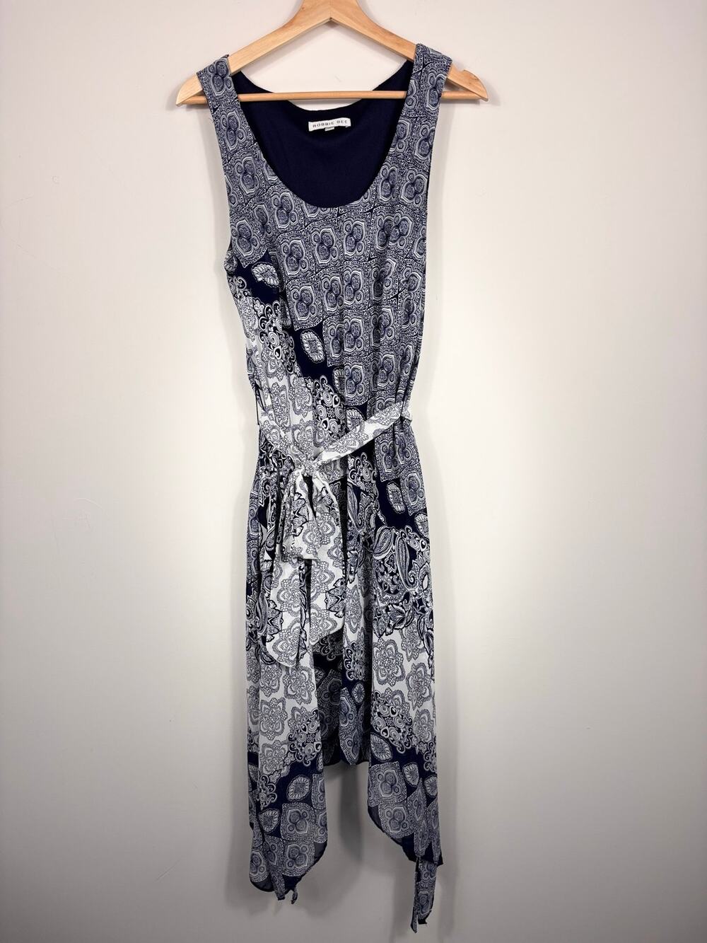 📼 Y2K Robbie Bee Navy Medallion Print Handkerchief Hem Dress | 12